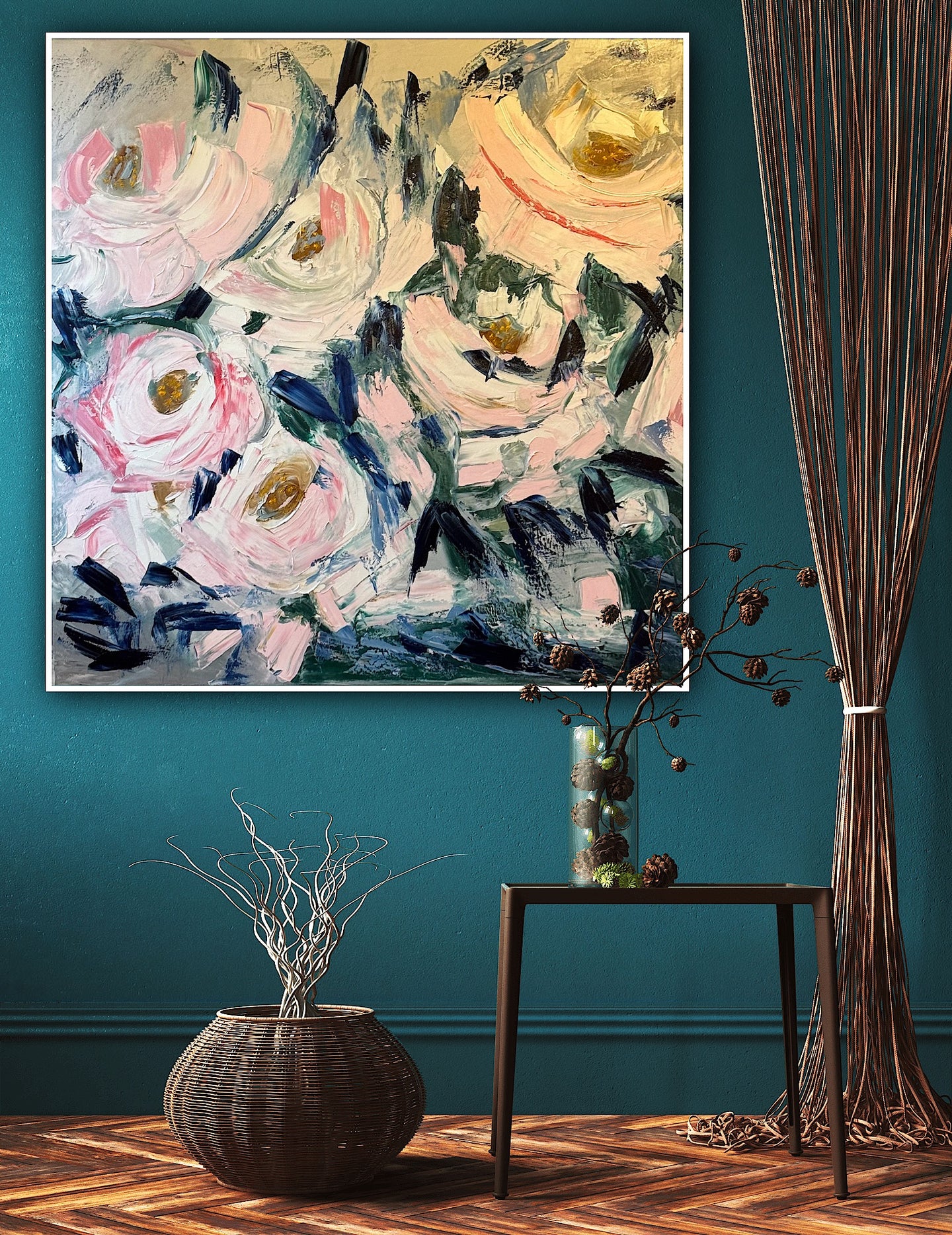 'Pink & white Roses ’'  abstract  original Oil Painting 100x100cm  from Sabina Swan Art