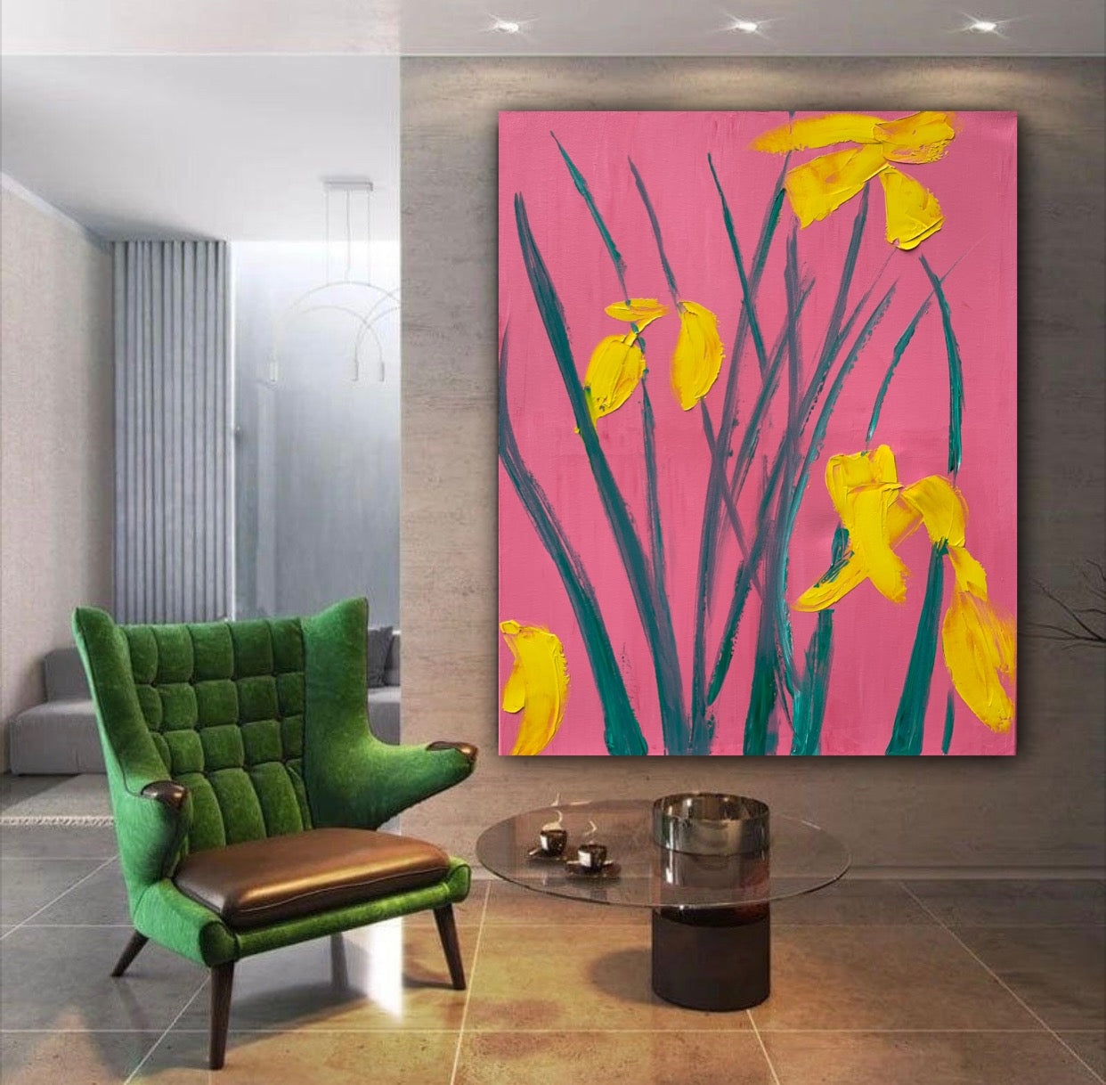 Yellow flowers original abstract oil painting on canvas 76 x 60cm richter style
