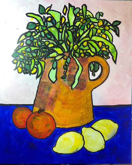 Large clay jug with fruit
